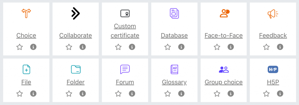The new activity icons in Moodle's Add an activity or resource dialog